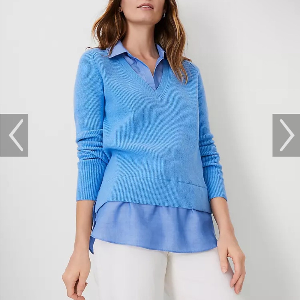 NWT Ann Taylor Blue V-Neck Layered Pullover